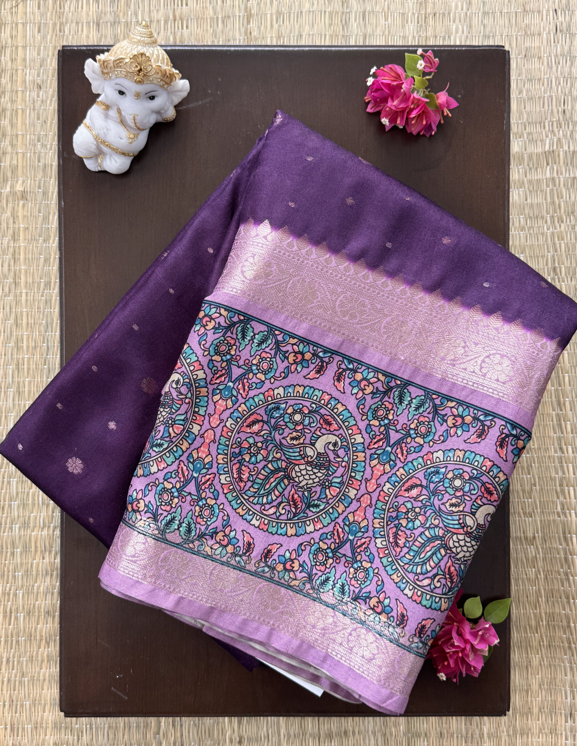 Dark Purple Saree with Peacock and Paisley Motifs - Raw Silk