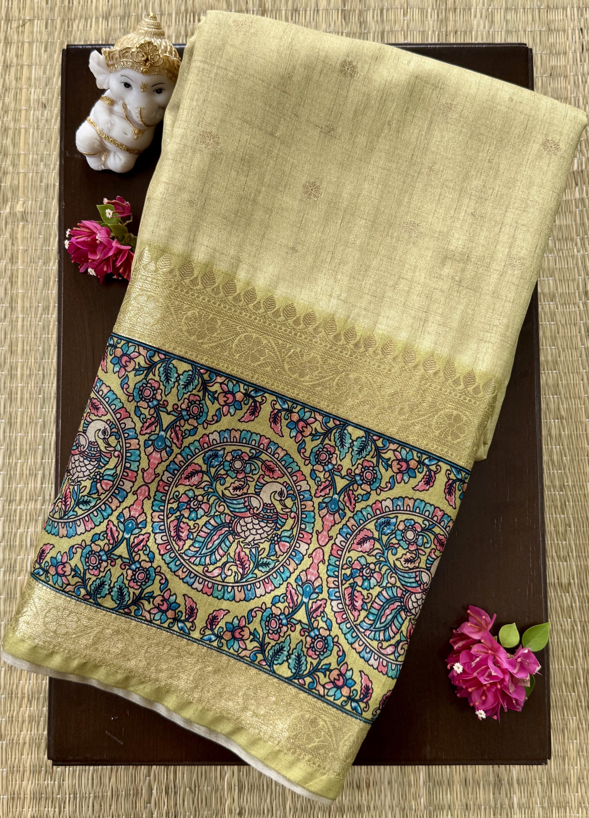 Mustard Green color Saree with Peacock and Paisley Motifs - Raw Silk