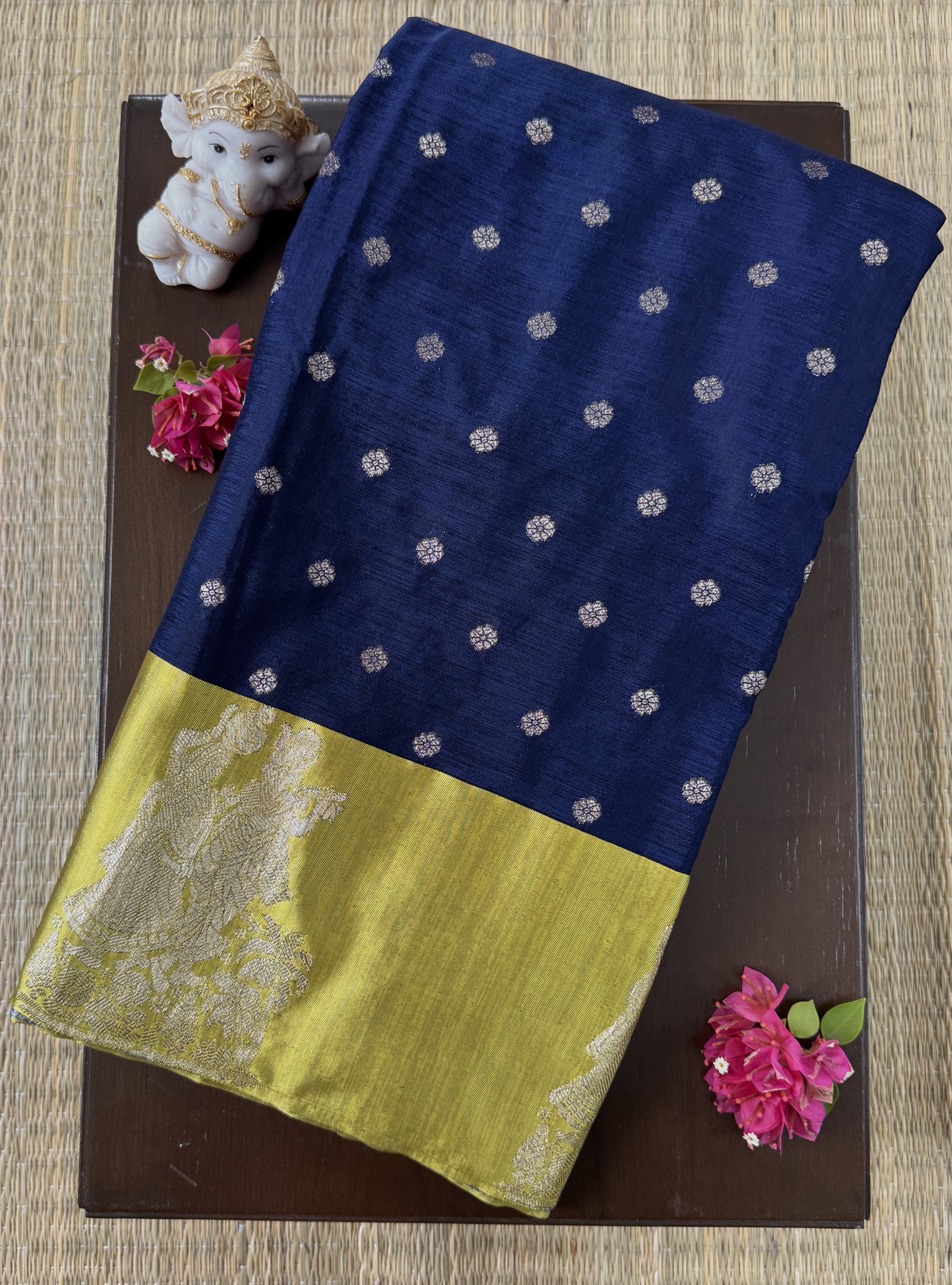 Navy Blue Saree with Mythical Motif Border - Semi Raw Mango