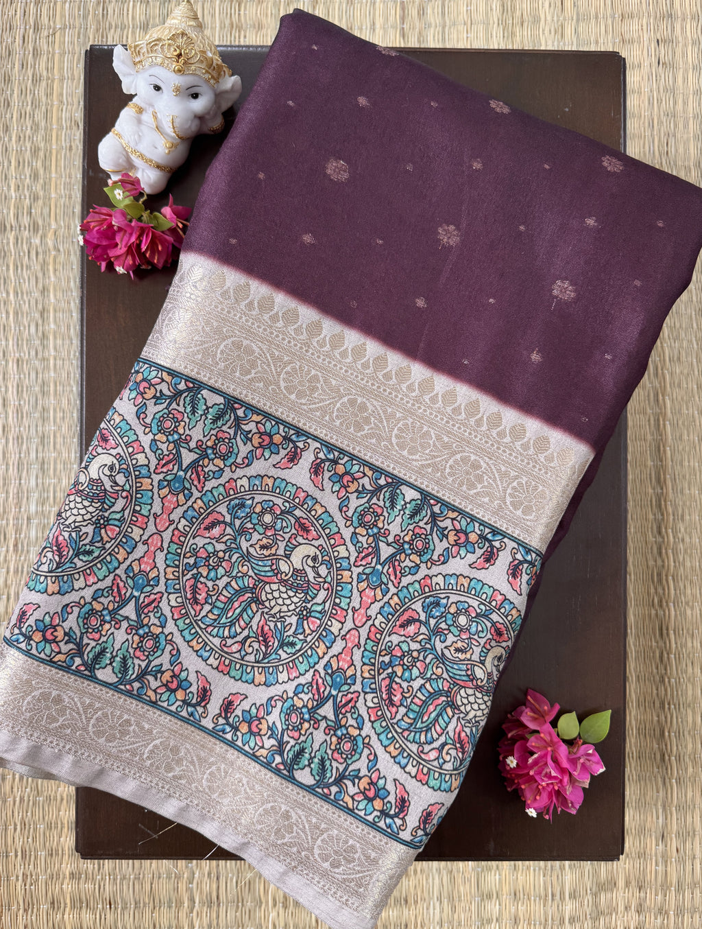 Dark Maroon Saree with Peacock and Paisley Motifs - Raw Silk