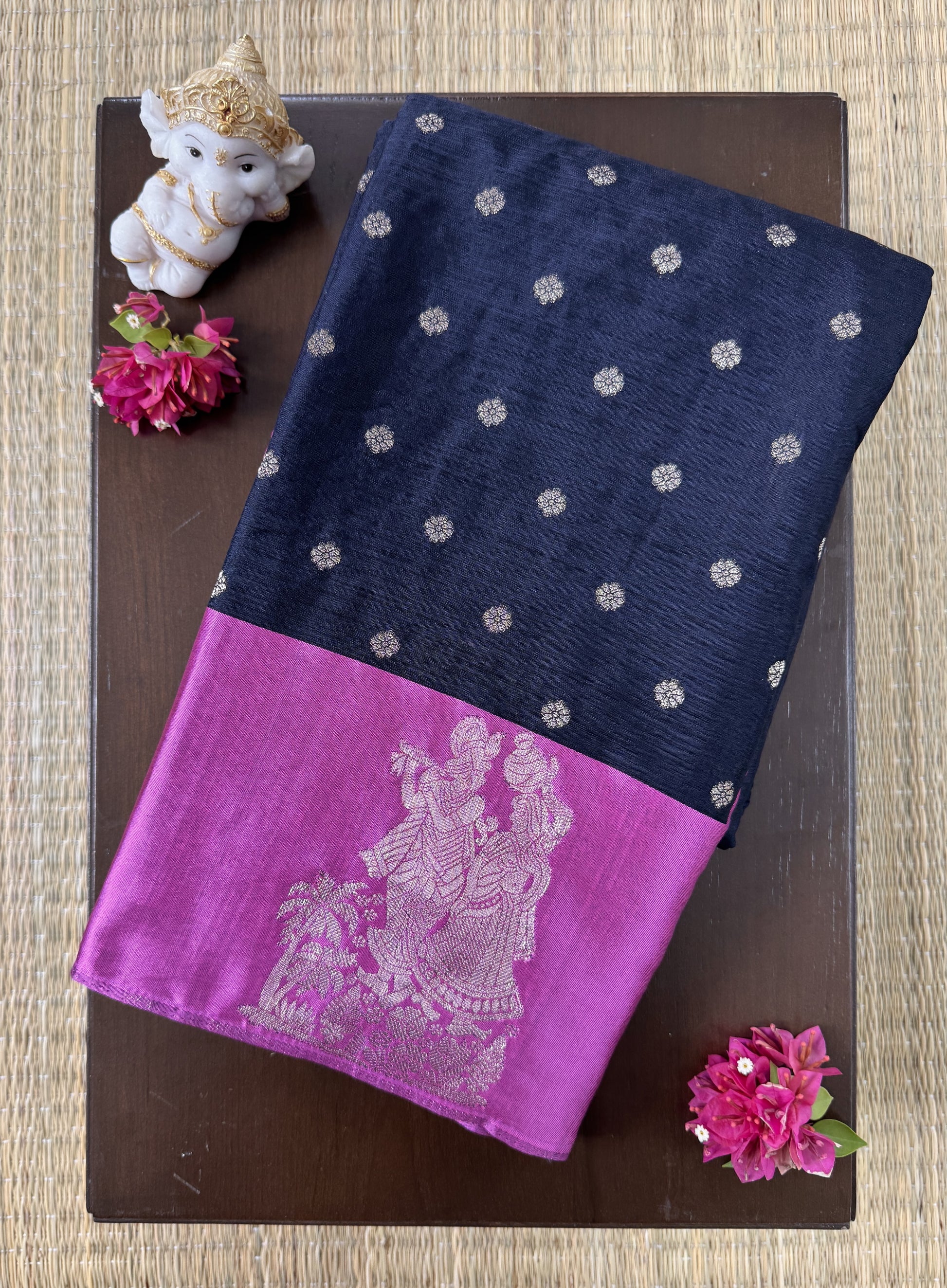 Black Saree with Mythical Motif Border - Semi Raw Mango