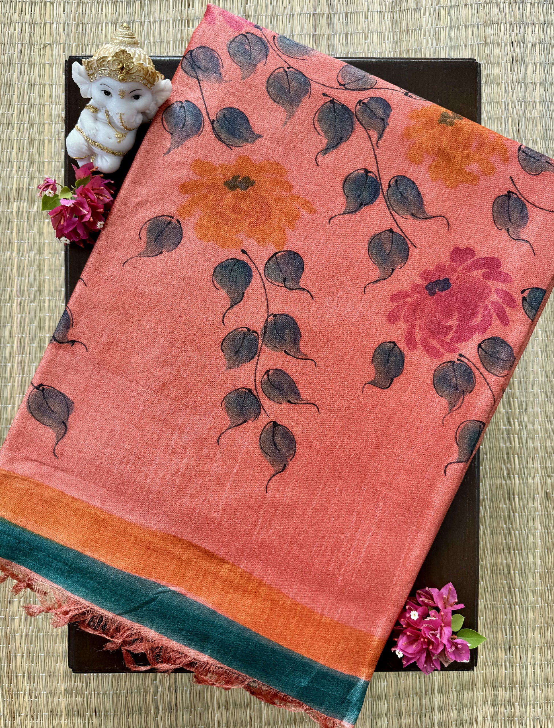 Orange Hand Painted Pure Tussar Saree