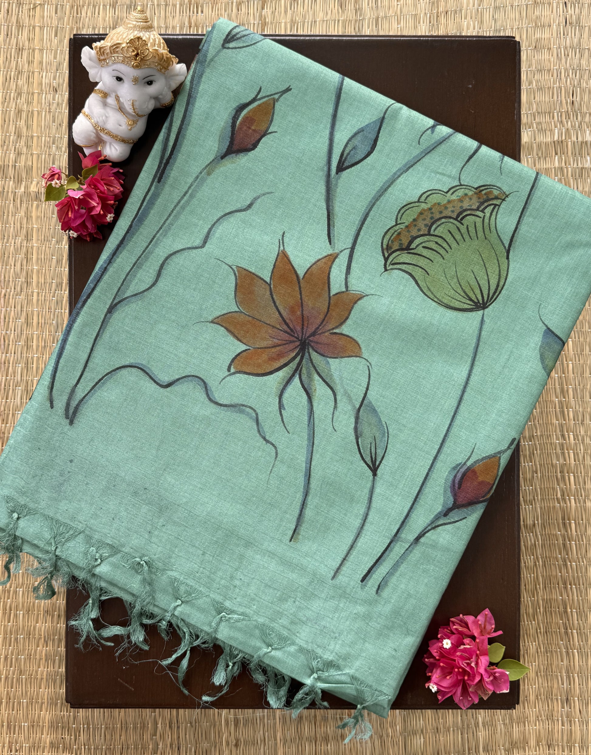 Teal Hand Painted Pure Tussar Saree