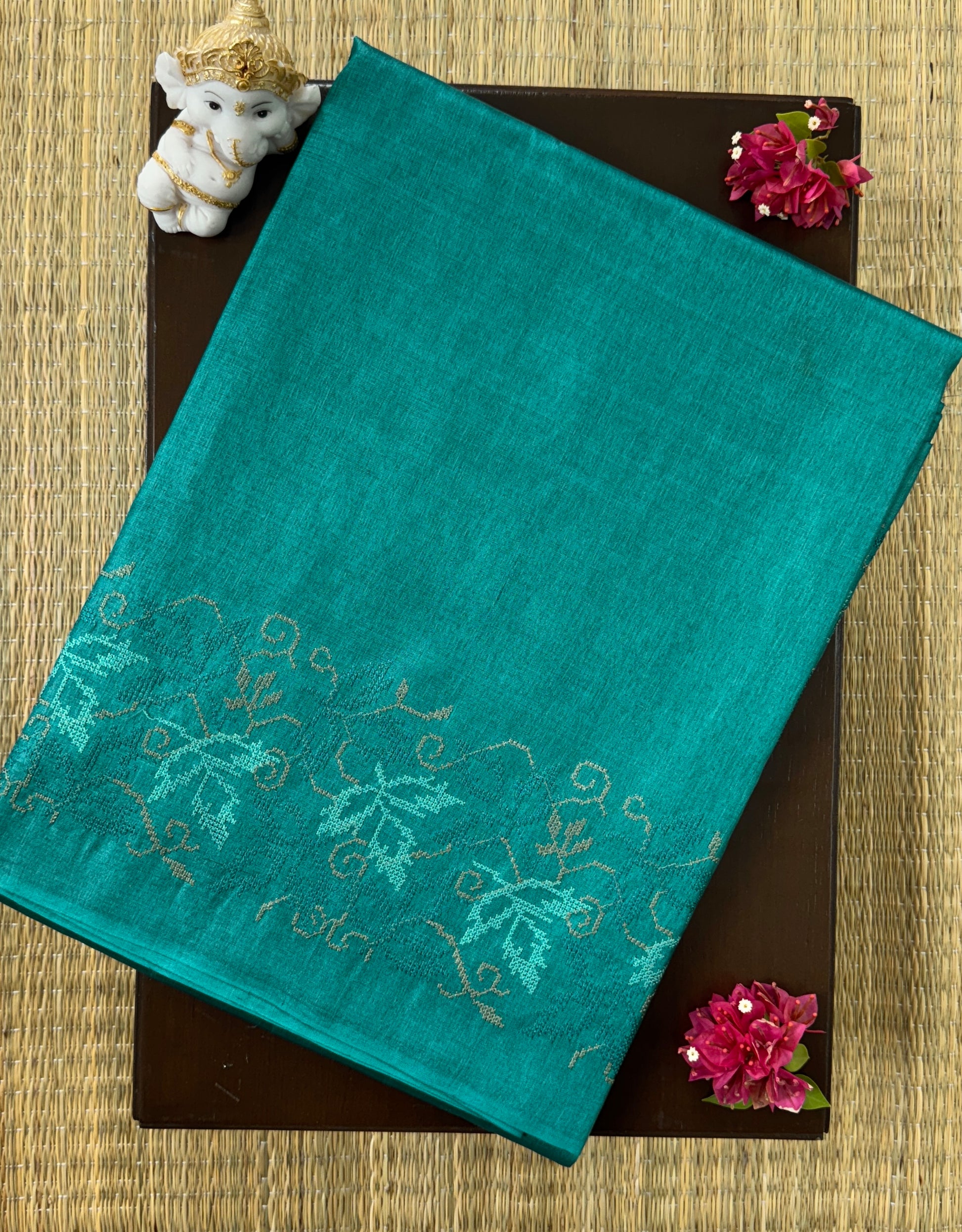 Teal with Embroidery- Pure Tussar Saree