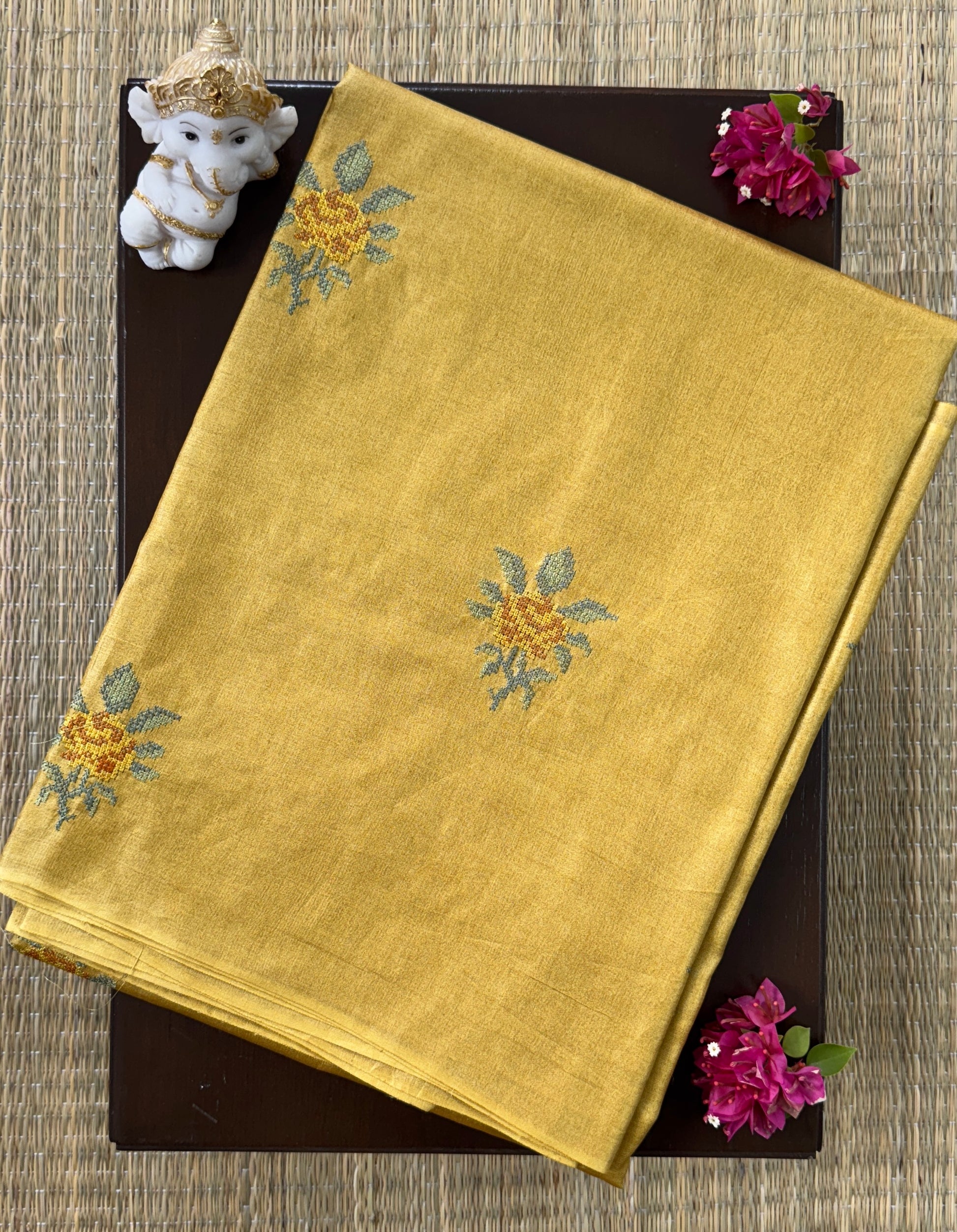 Mustard Gold with Embroidery- Pure Tussar Saree