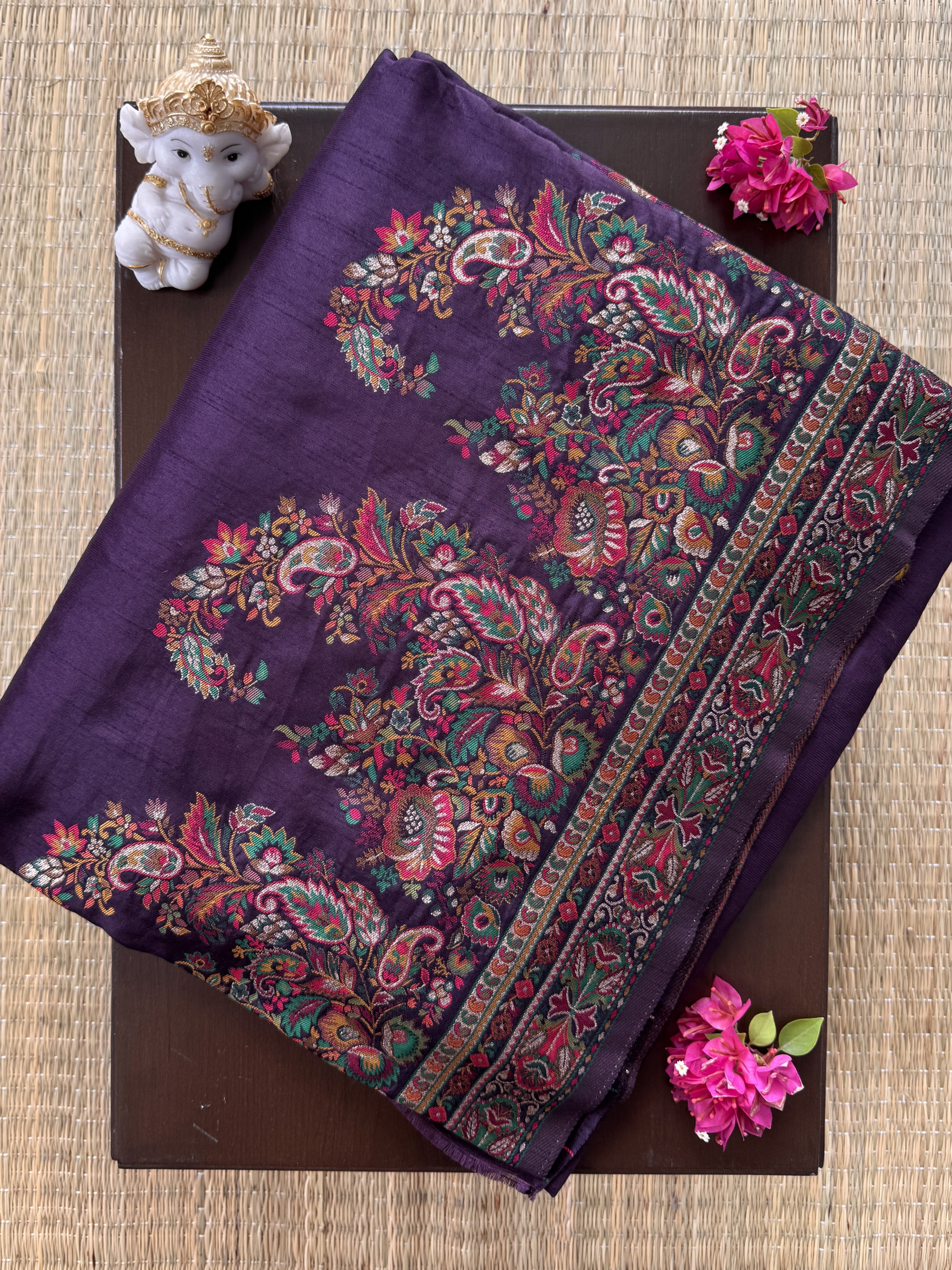 Dark Purple Kanai Silk Saree with Multicolor Kashmiri Work