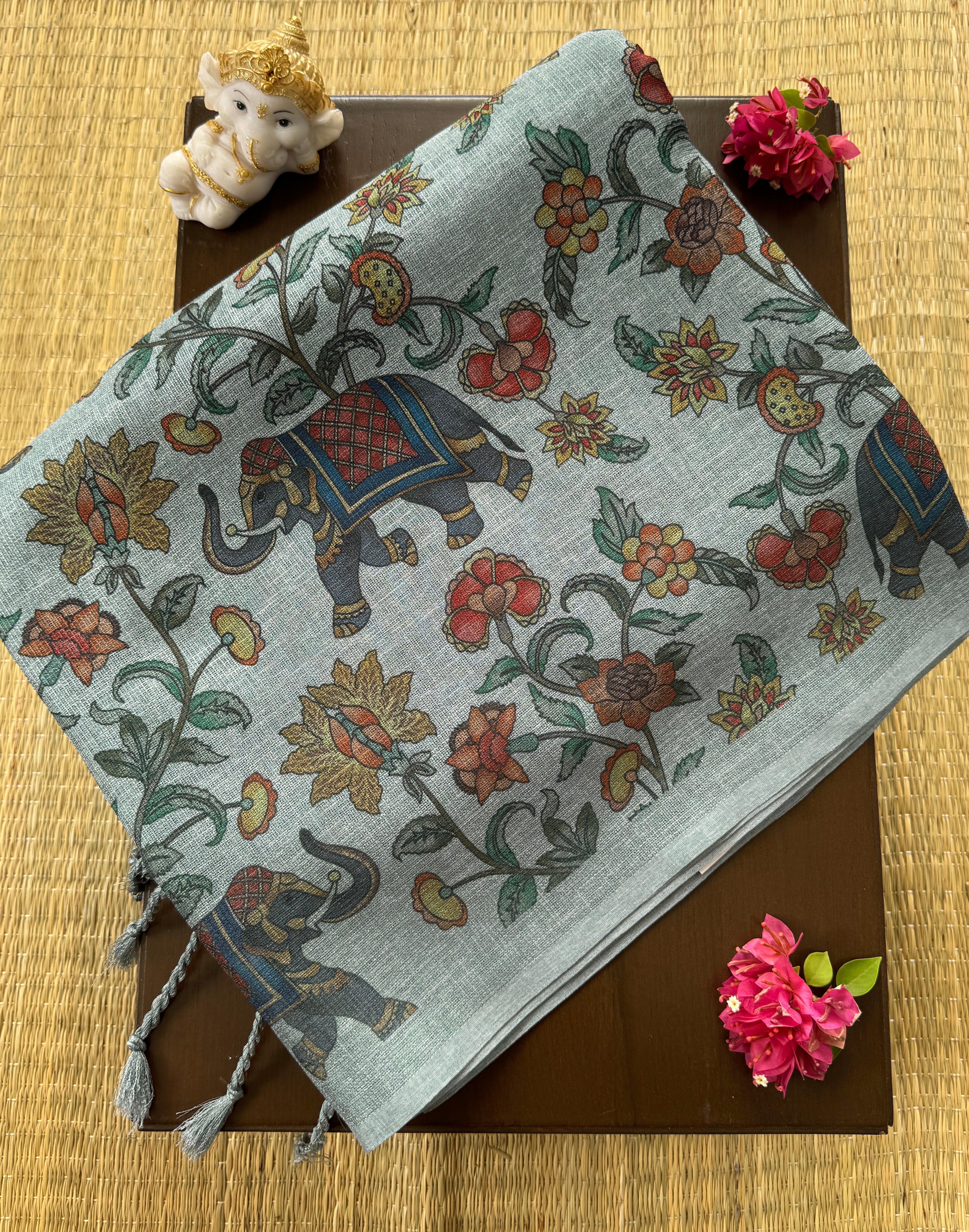 Dusty Blue with Elephant & Floral Print - Jute Saree