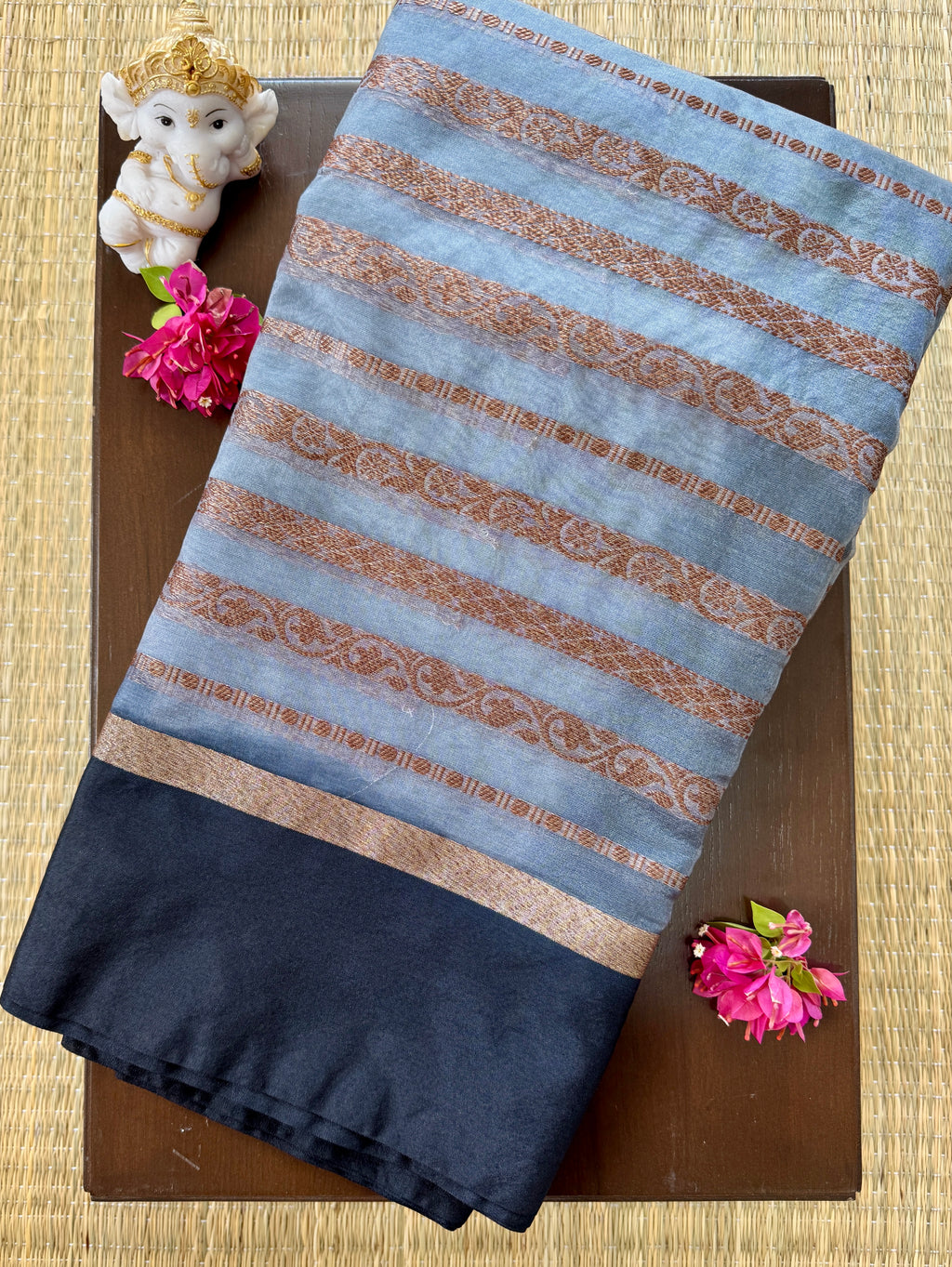 Grey and Black Saree with Gold Zari Stripes - Organza
