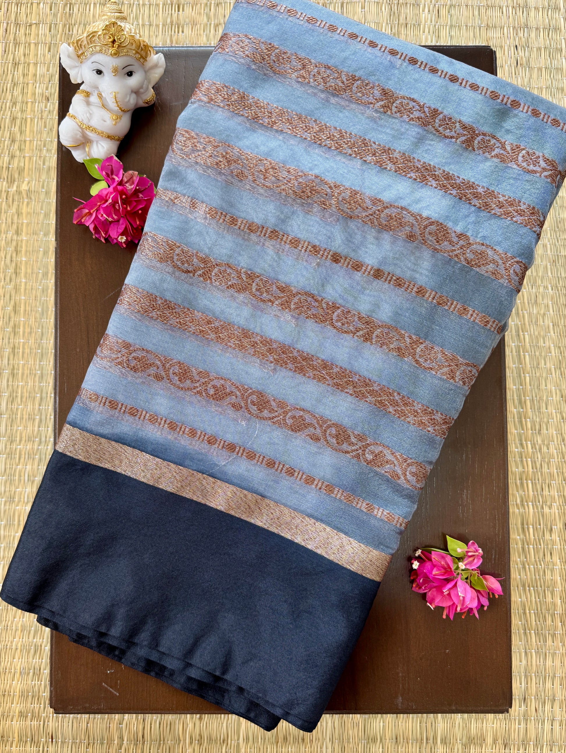 Grey and Black Saree with Gold Zari Stripes - Organza