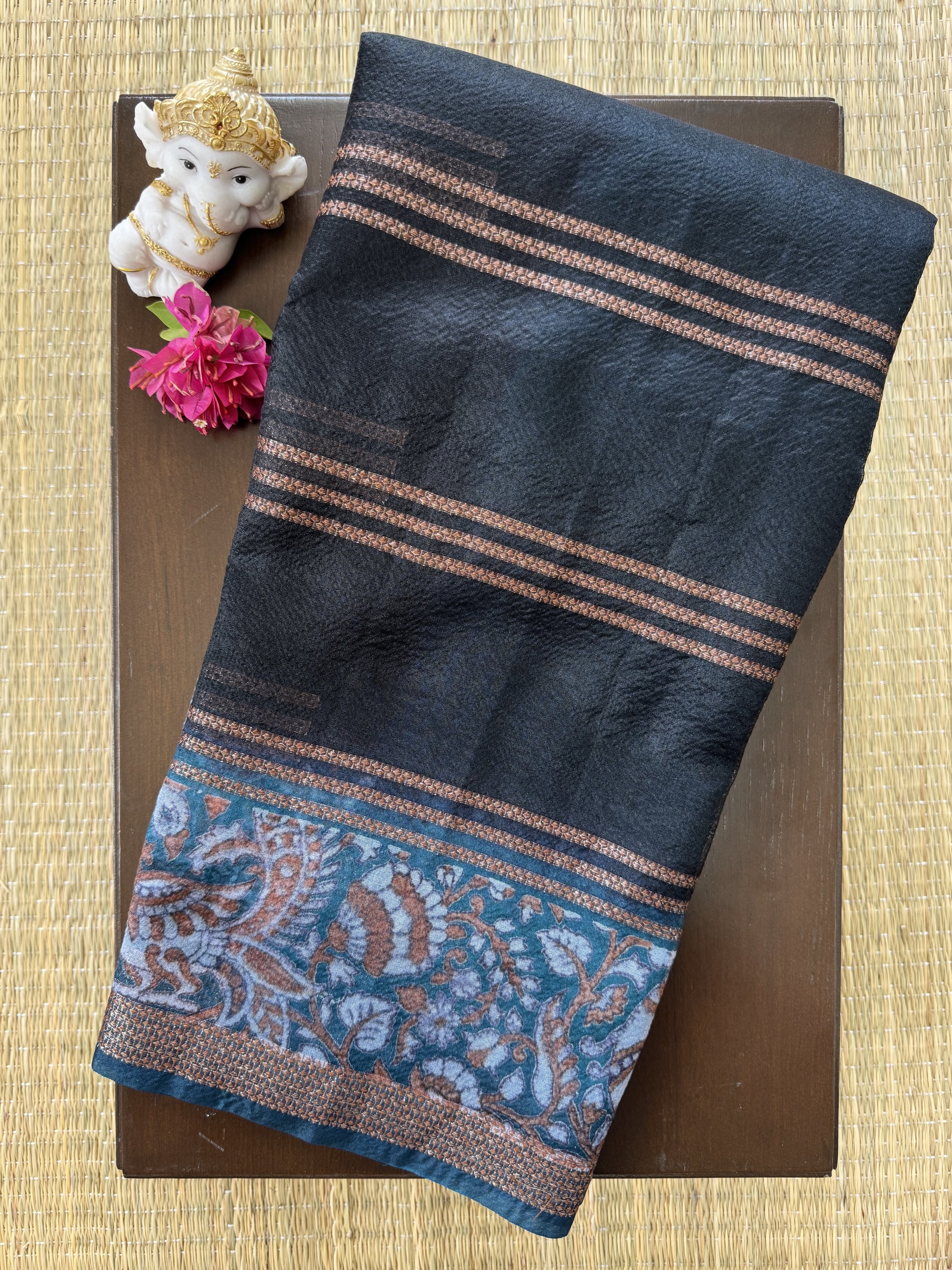 Black and Blue Saree with Gold Zari Stripes - Organza