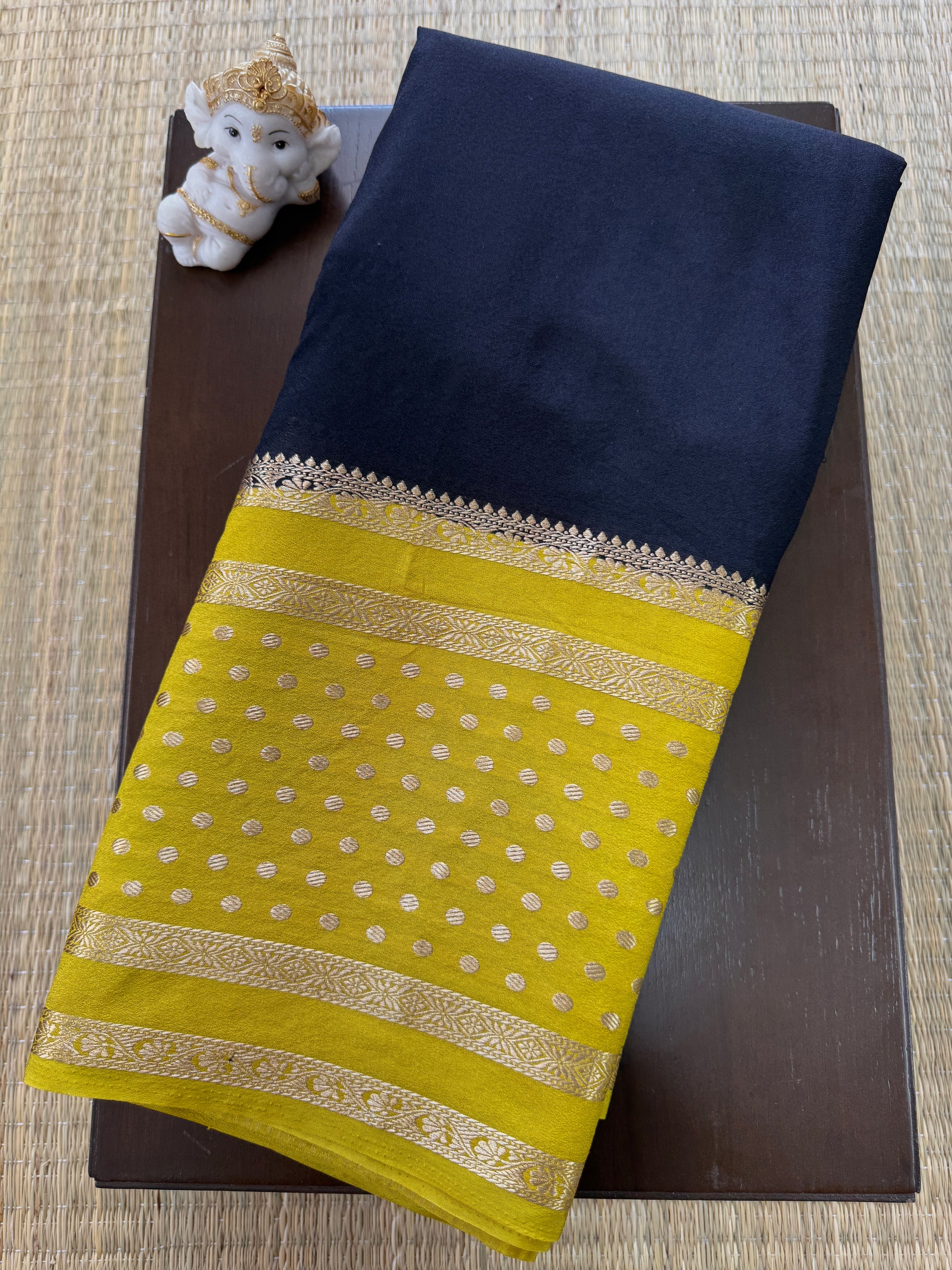 Black and Mustard Saree with Gold Zari Border - Crepe Georgette
