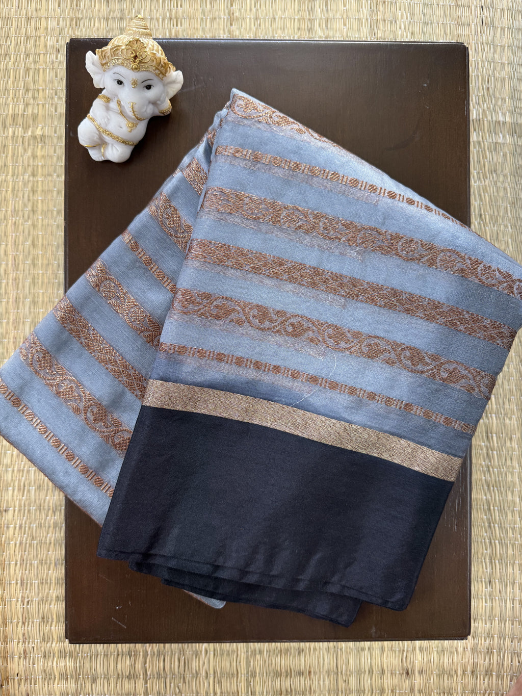 Grey and Black Saree with Gold Zari Stripes - Organza
