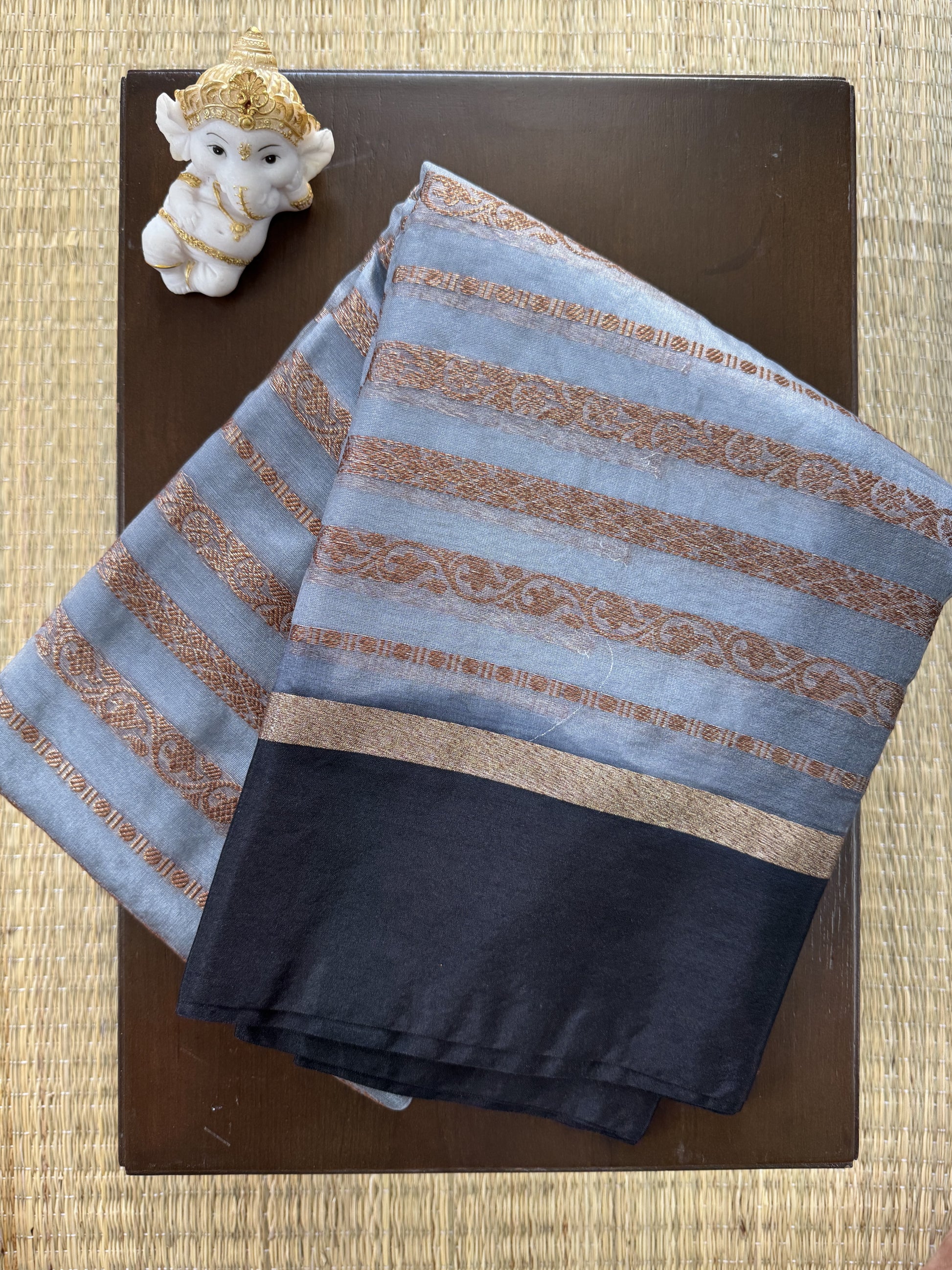 Grey and Black Saree with Gold Zari Stripes - Organza
