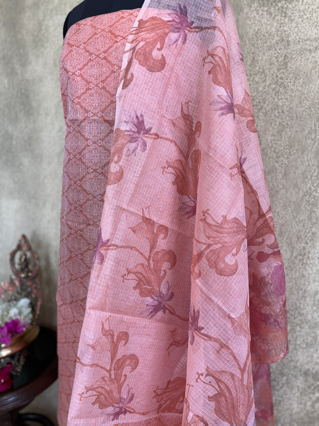 Coral Shade Embroidered - Kota Salwar Set