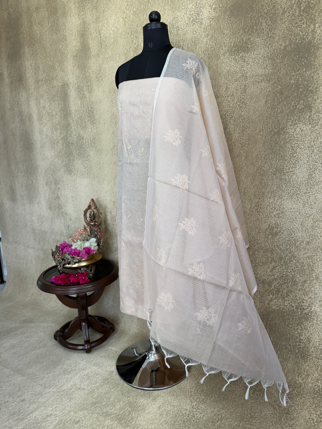 Beige Floral Embroidered - Kota Salwar Set