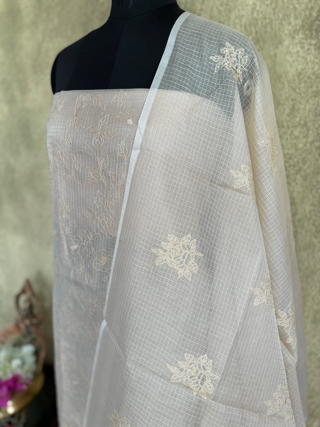 Beige Floral Embroidered - Kota Salwar Set