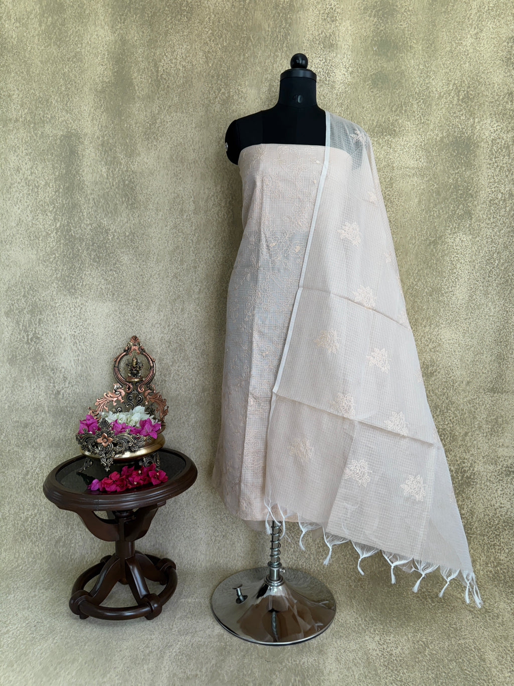 Beige Floral Embroidered - Kota Salwar Set