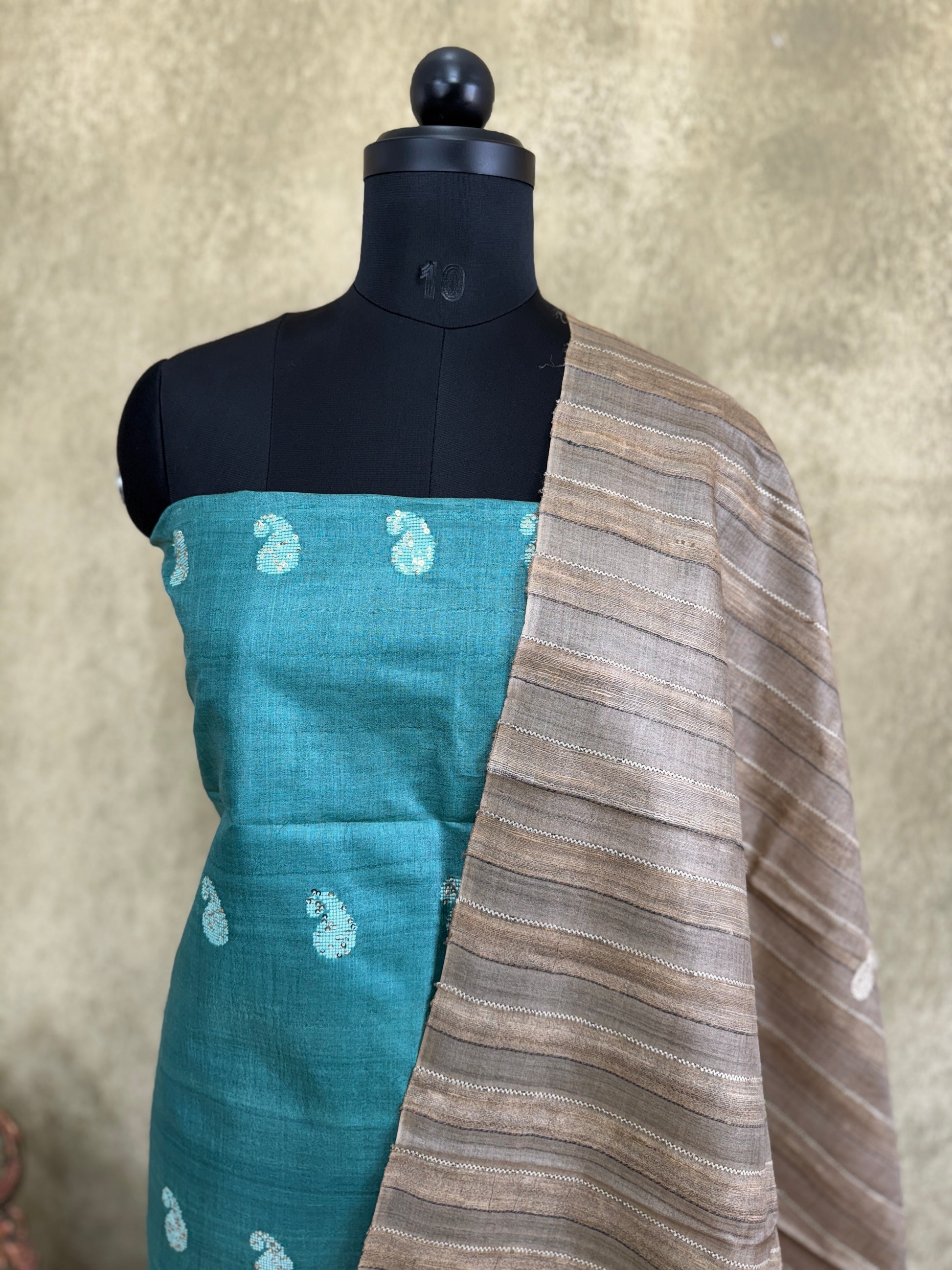 Teal Blue with Beige - Pure Tussar Salwar Set