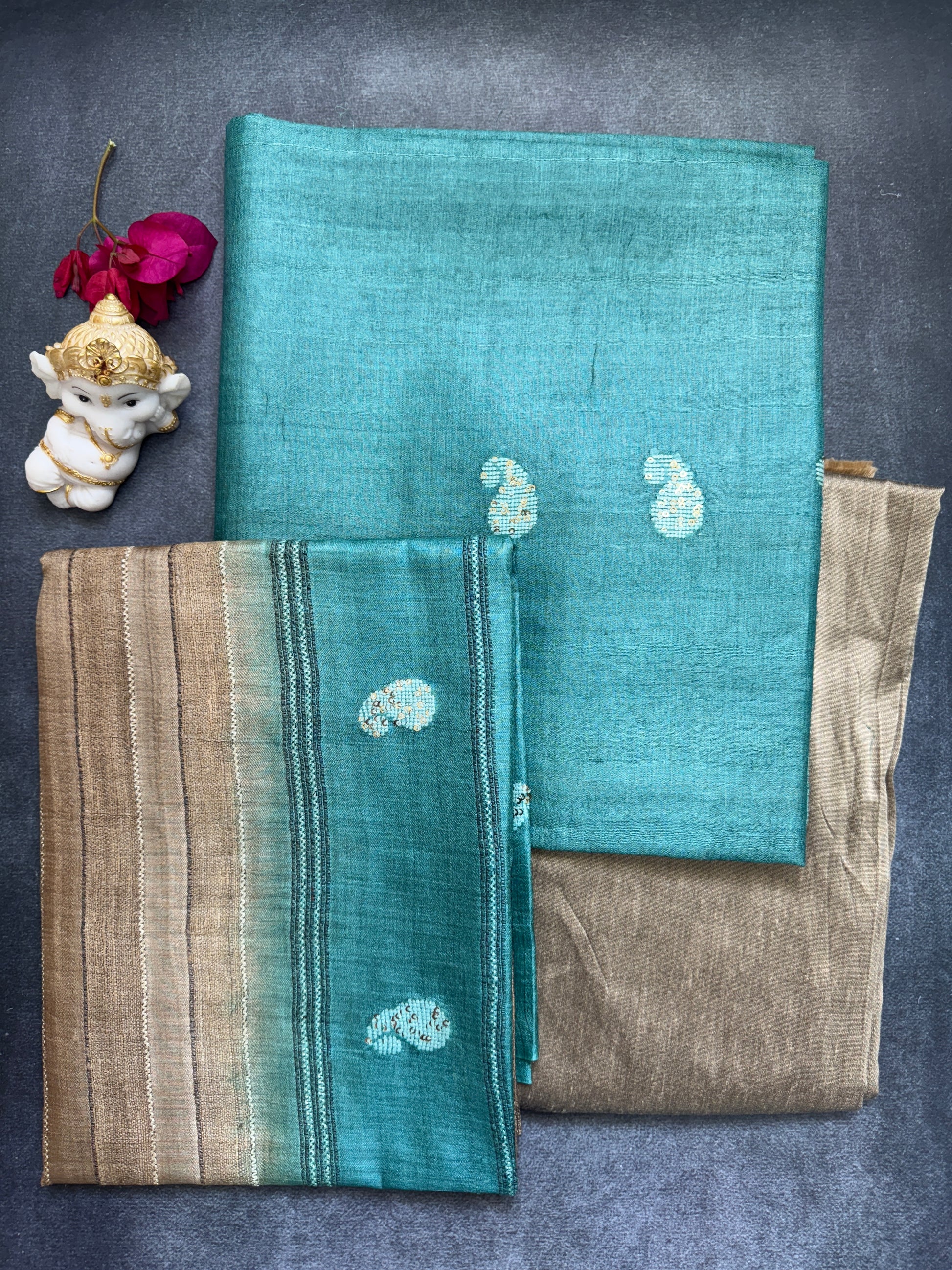 Teal Blue with Beige - Pure Tussar Salwar Set