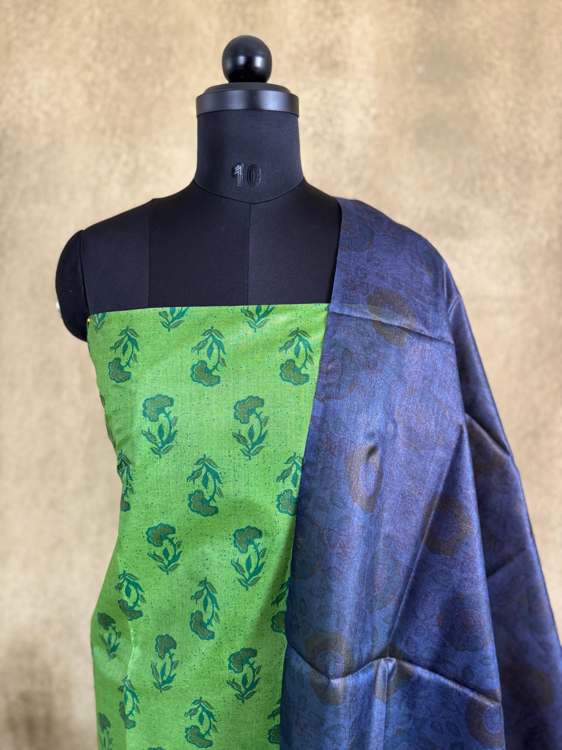 Green Floral Printed Pure Tussar Salwar Set