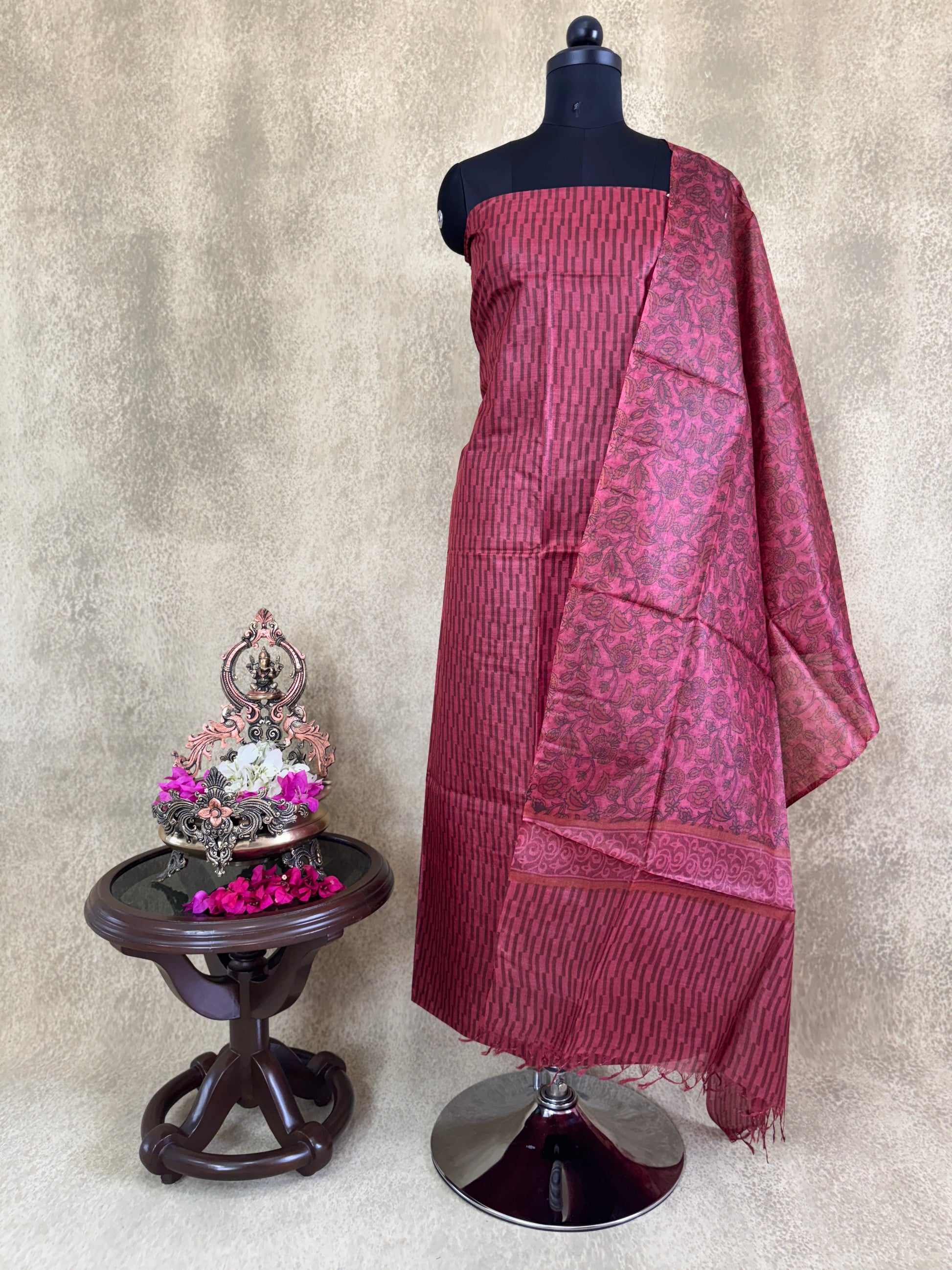 Maroon Floral Printed Pure Tussar Salwar Set