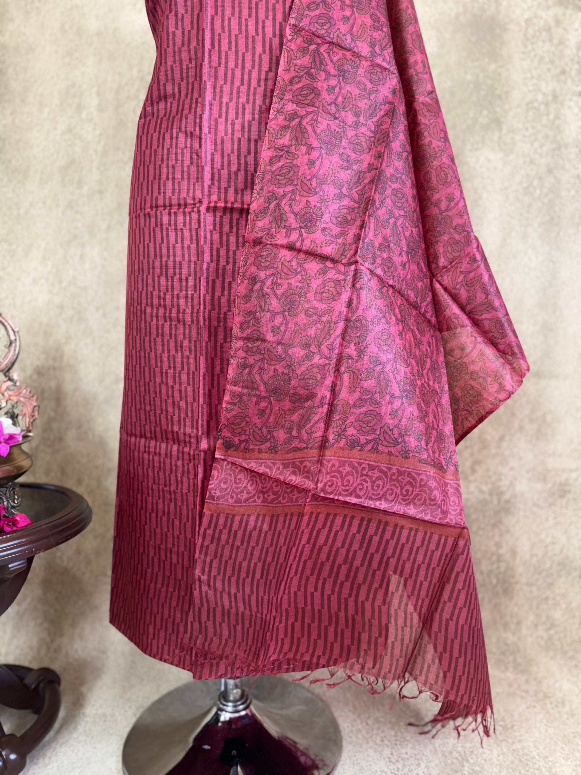 Maroon Floral Printed Pure Tussar Salwar Set