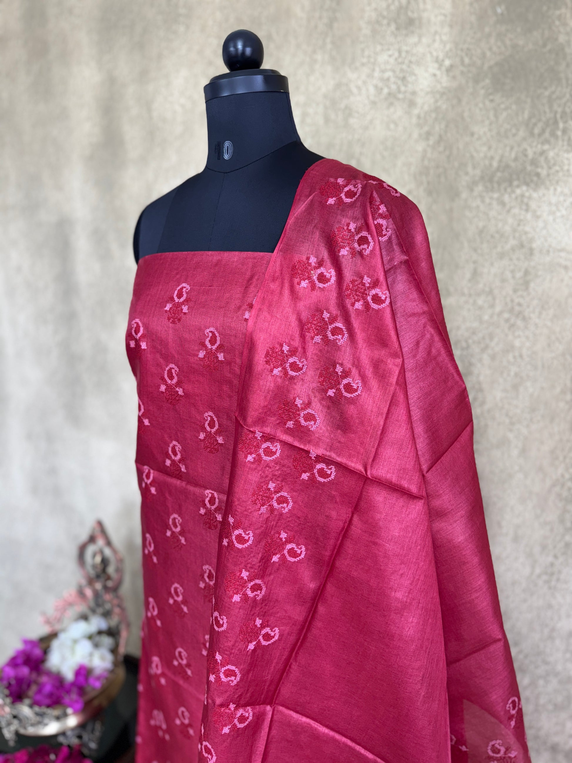 Maroon Paisley Embroidered - Pure Tussar Salwar Set