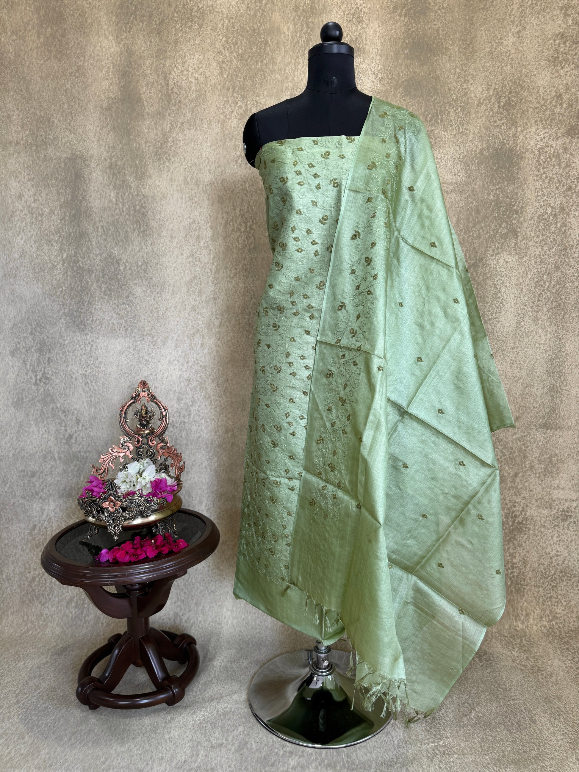 Green Leaf Embroidered - Pure Tussar Salwar Set