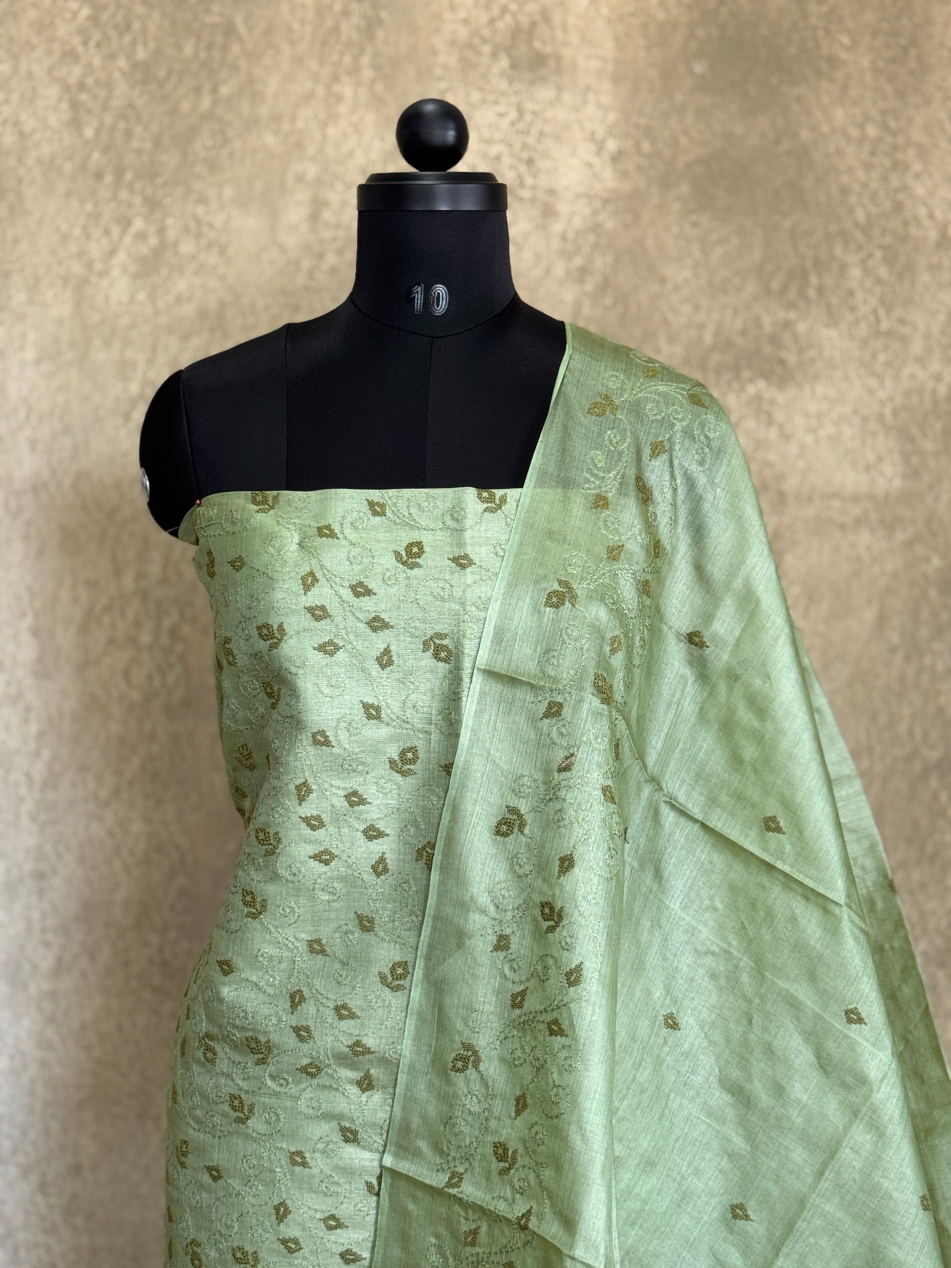 Green Leaf Embroidered - Pure Tussar Salwar Set