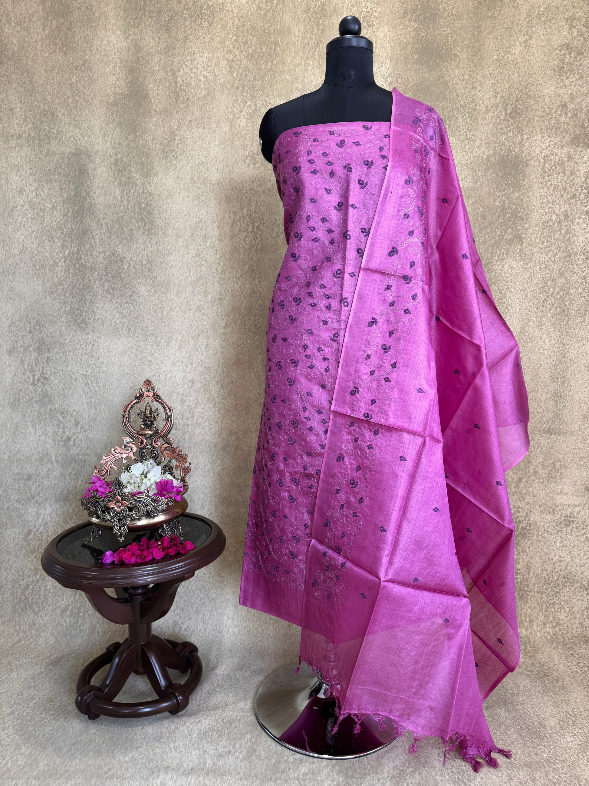 Magenta Leaf Embroidered - Pure Tussar Salwar Set