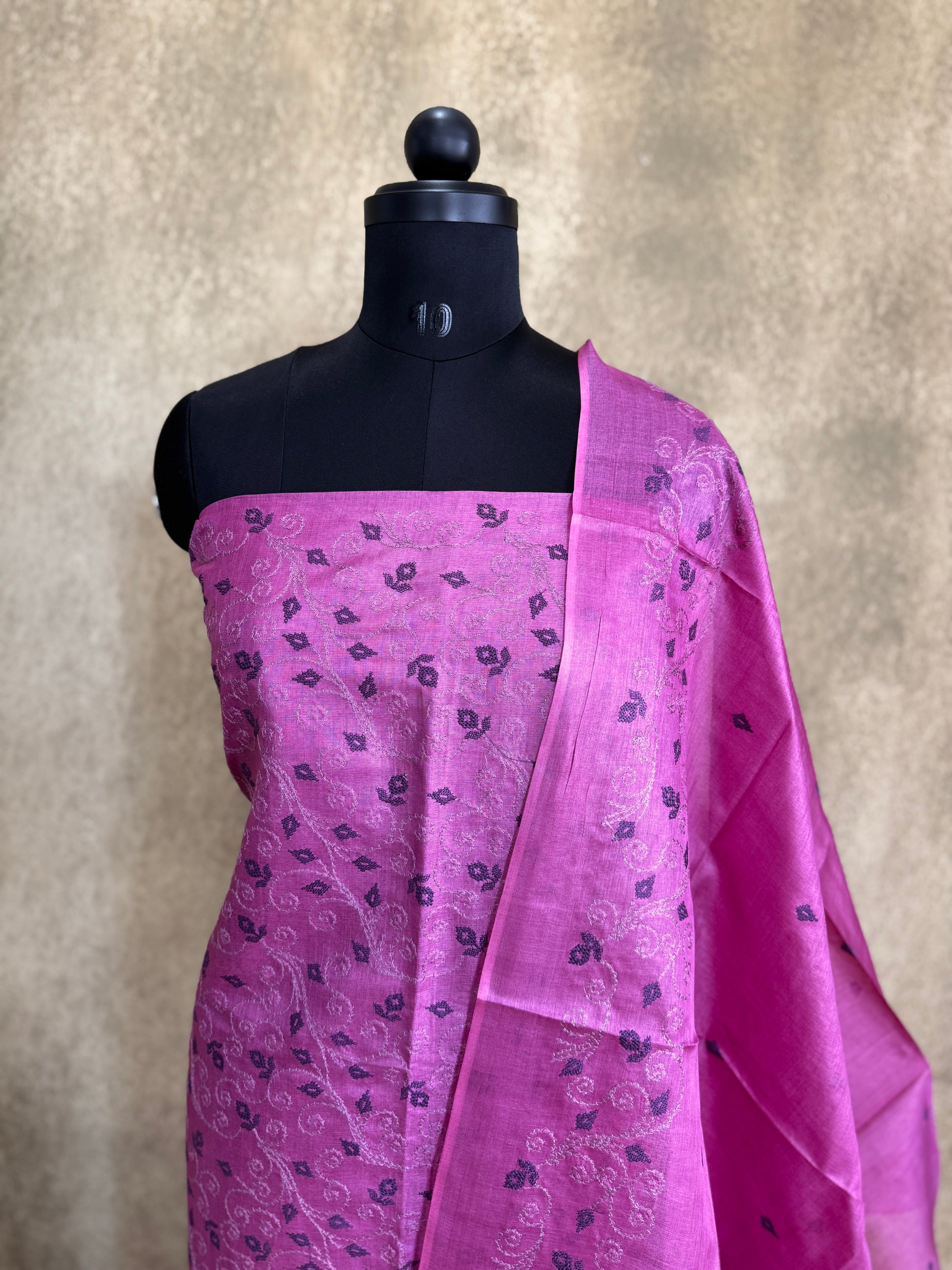 Magenta Leaf Embroidered - Pure Tussar Salwar Set