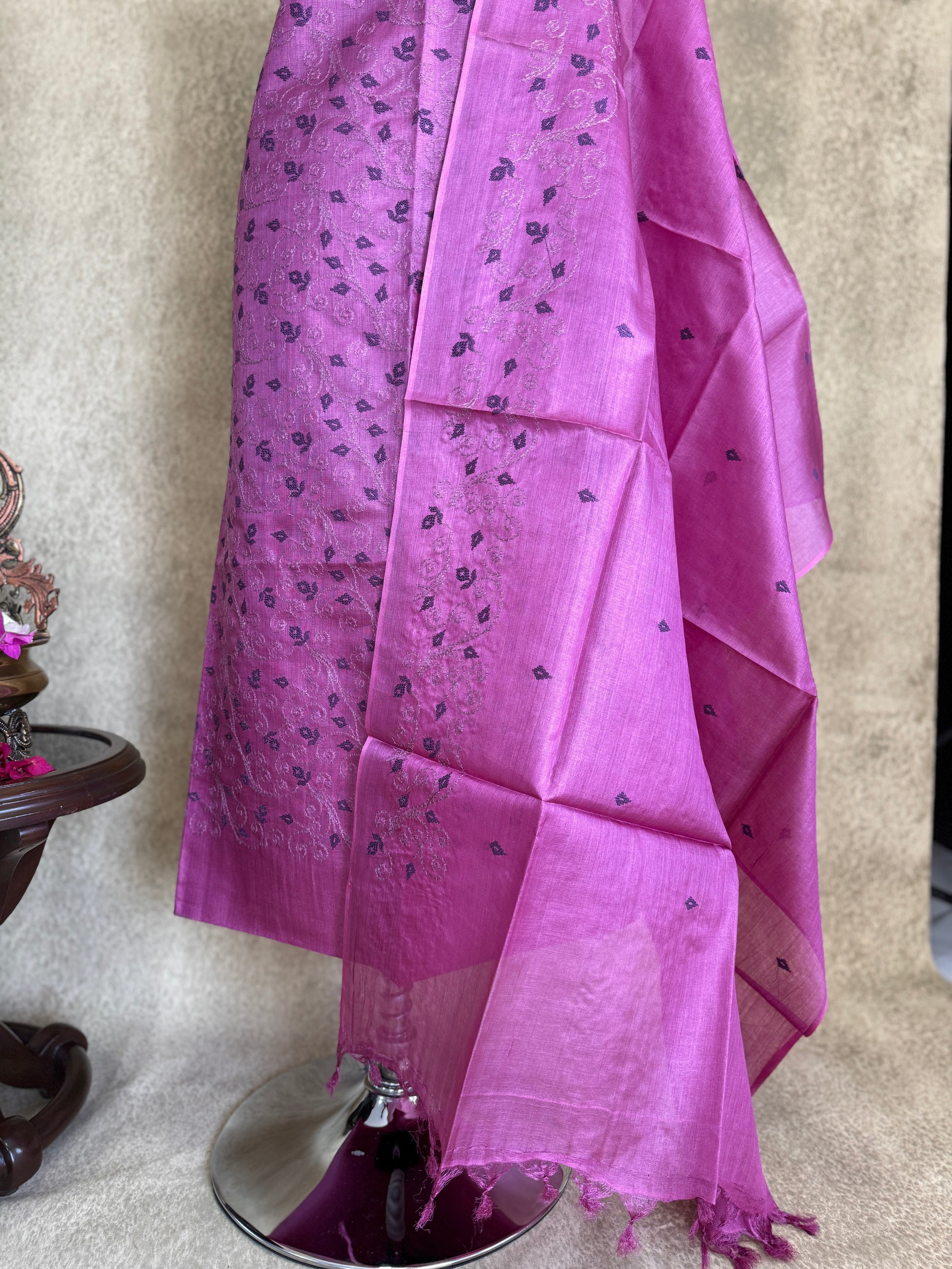 Magenta Leaf Embroidered - Pure Tussar Salwar Set