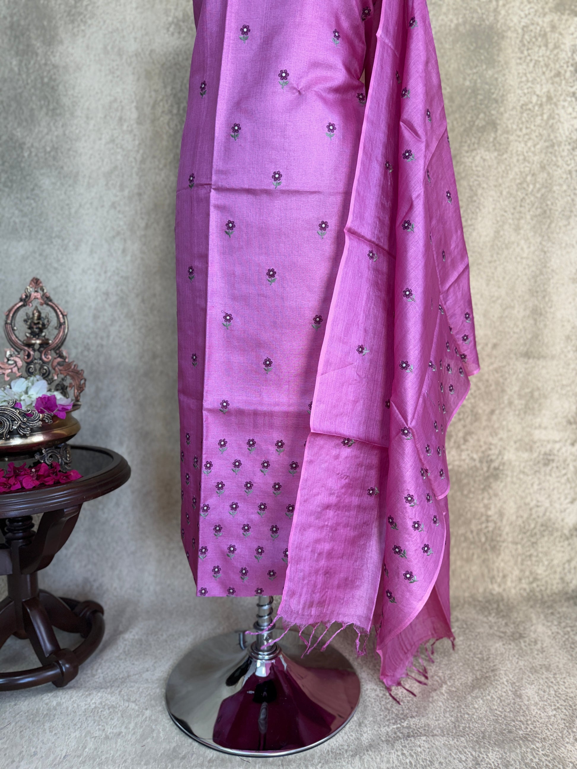 Magenta Embroidered Pure Tussar Salwar Set