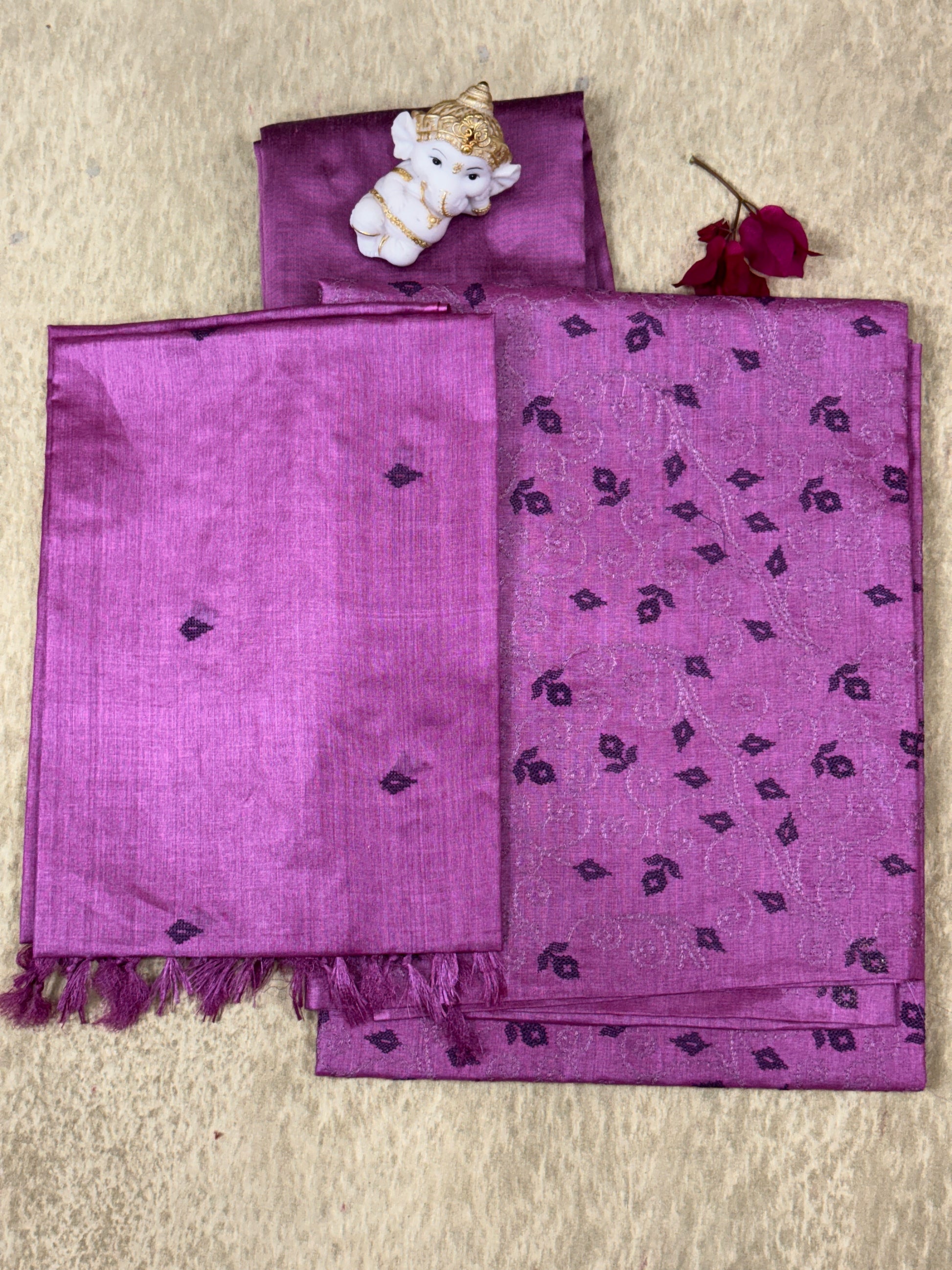 Magenta Leaf Embroidered - Pure Tussar Salwar Set
