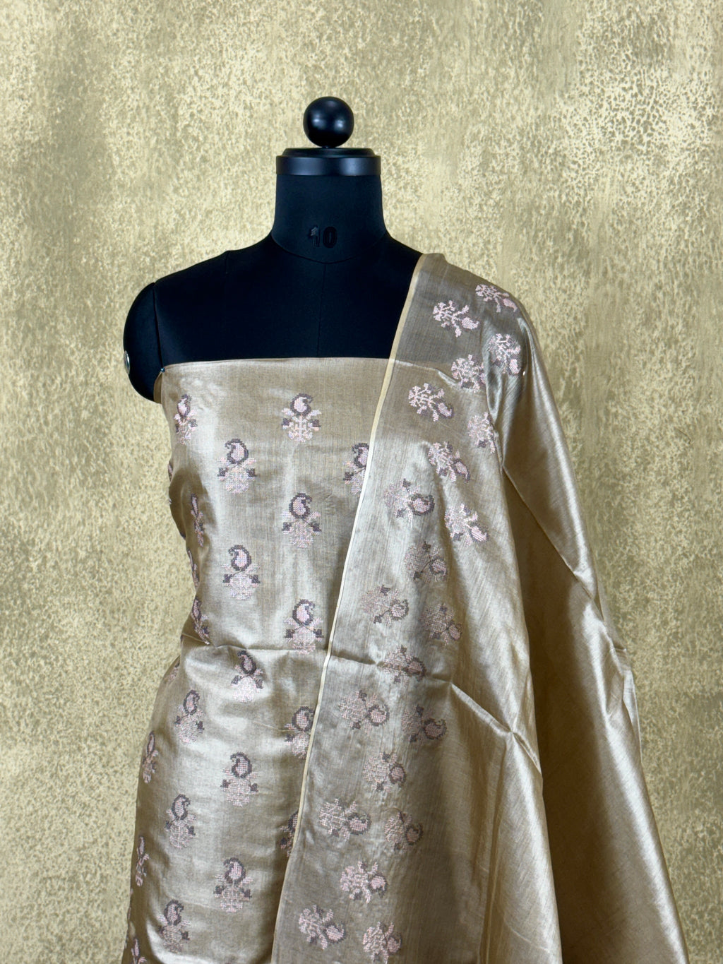 Golden Beige Paisley Embroidered - Pure Tussar Salwar Set