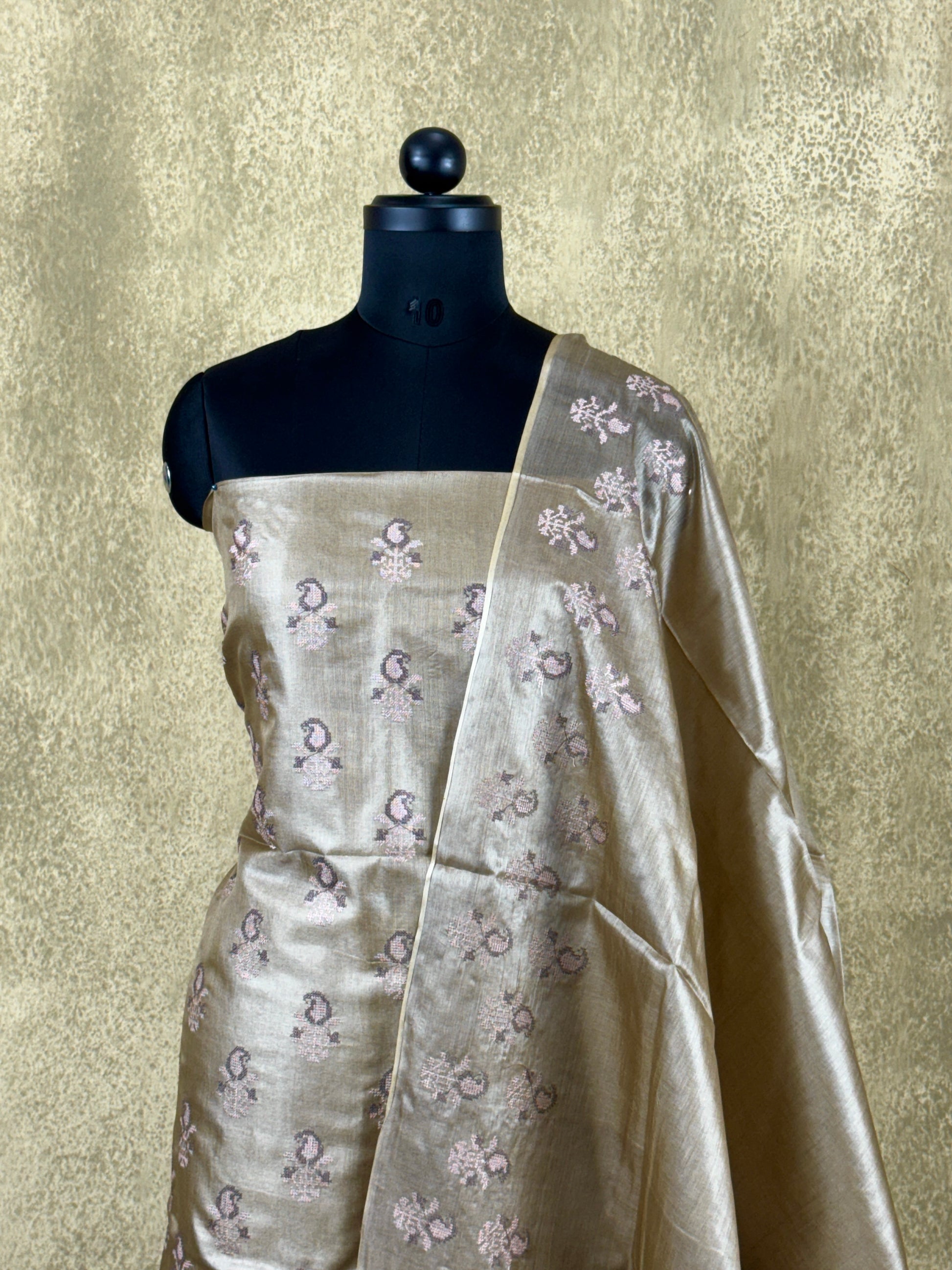 Golden Beige Paisley Embroidered - Pure Tussar Salwar Set