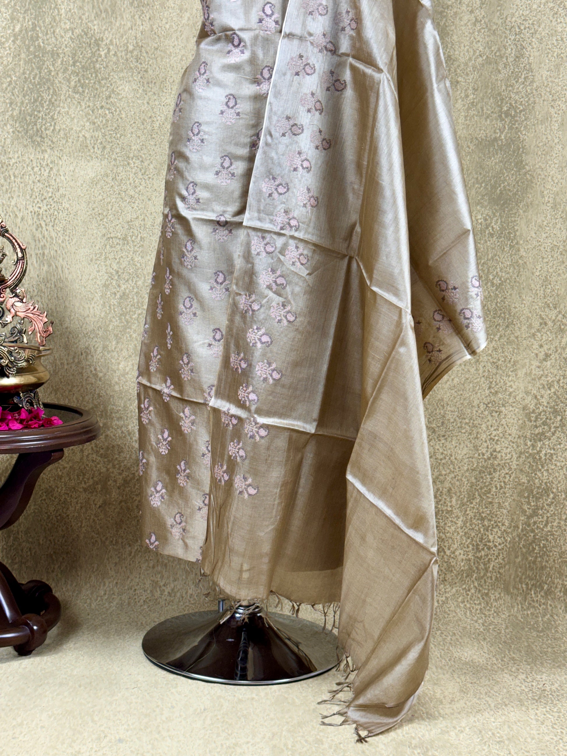 Golden Beige Paisley Embroidered - Pure Tussar Salwar Set