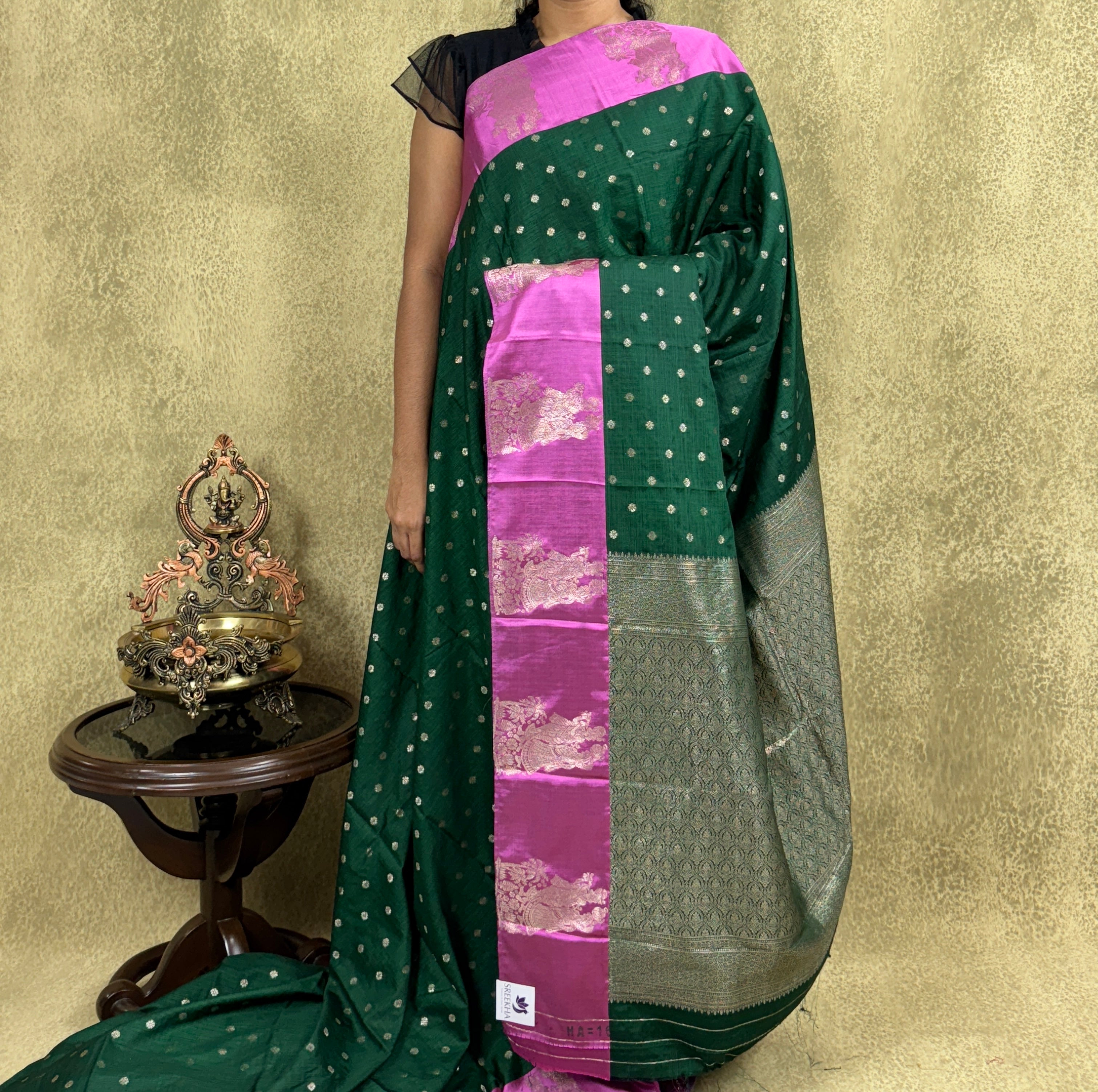 Bottle Green Saree with Mythical Motif Border - Semi Raw Mango